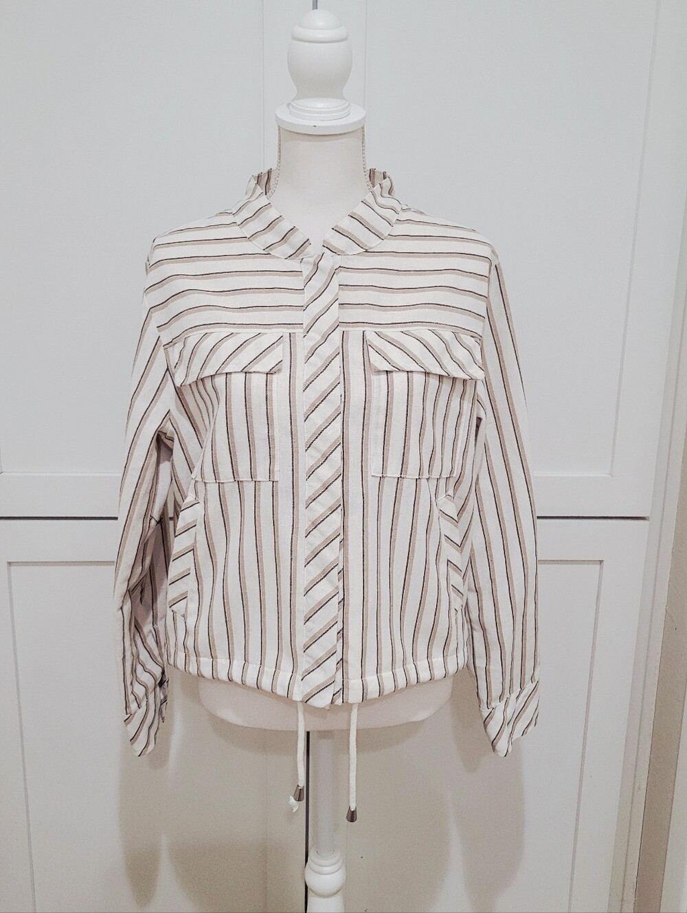 Cavalini Striped Cotton Blend Snap-Front Jacket in Cream & Brown | Size Large